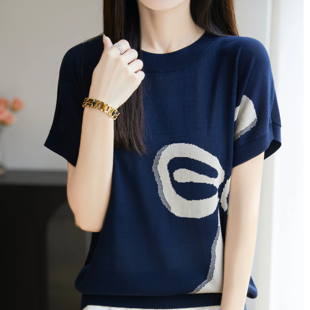 夏季天丝刺绣蝴蝶结上衣百搭针织上衣