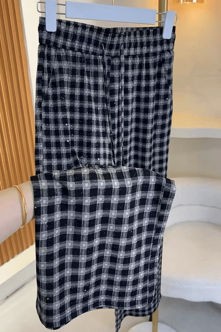 奢华带钻 弹力冰凉丝千鸟格9分直筒裤 减龄百搭