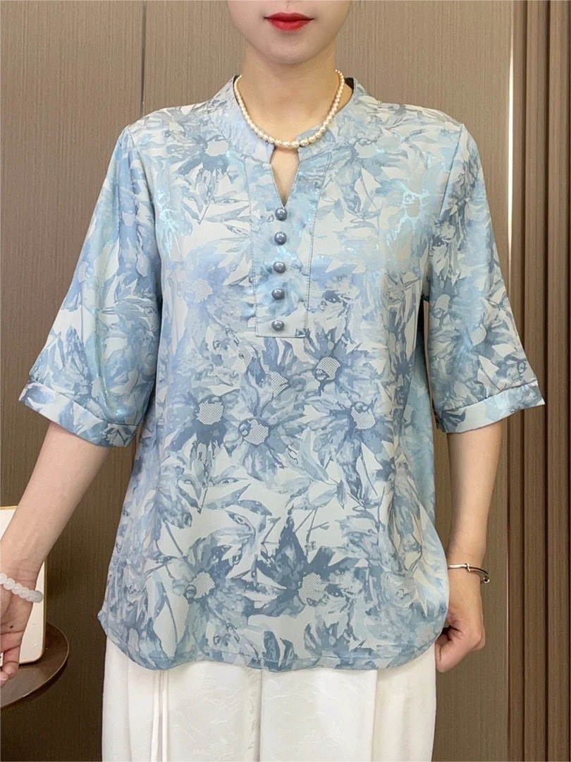 25春季新款V领宽松小衫妈妈装遮肉显瘦[冰晶蓝]