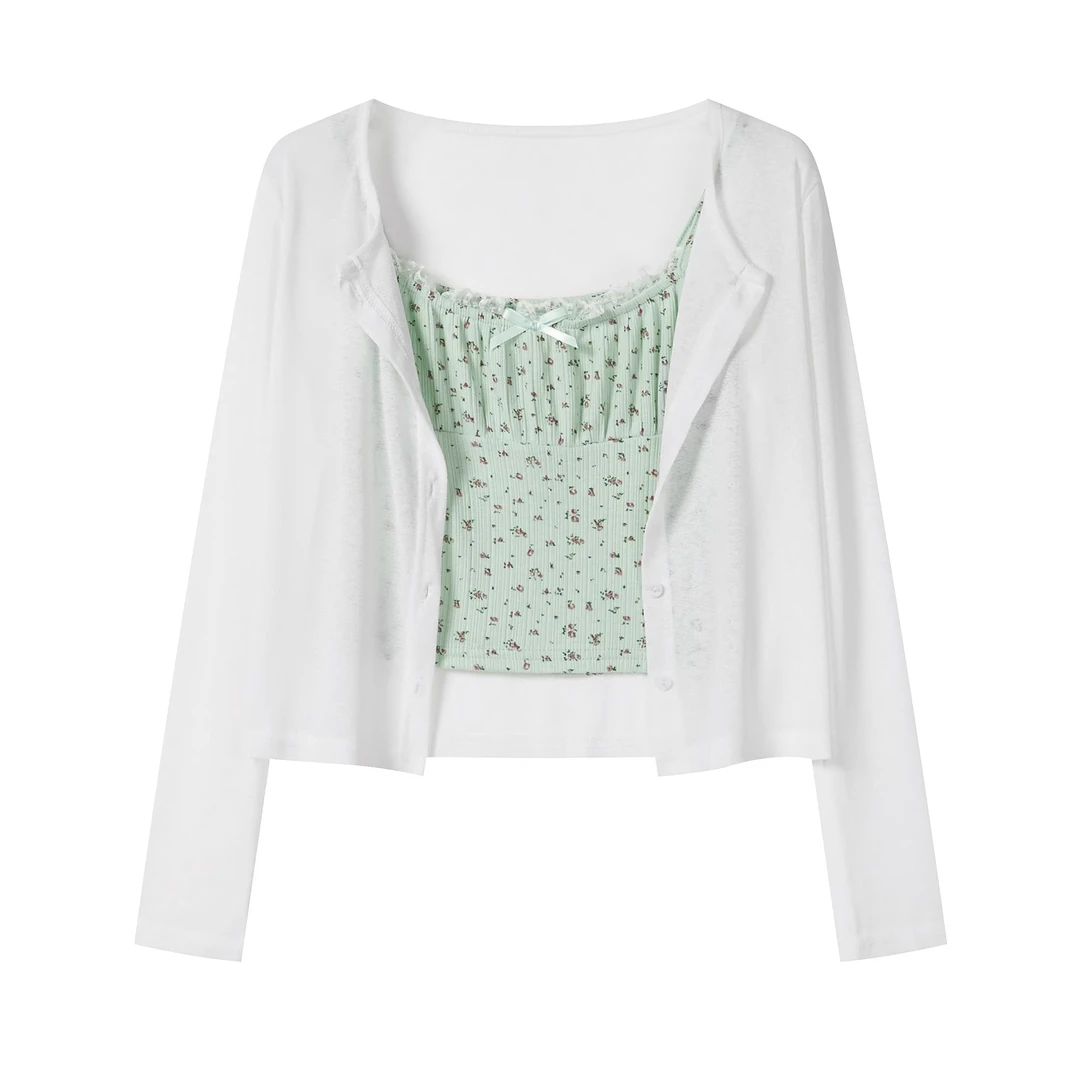 羊城故事-甜美碎花吊带白色开衫套装女新款轻薄防晒两件套3806