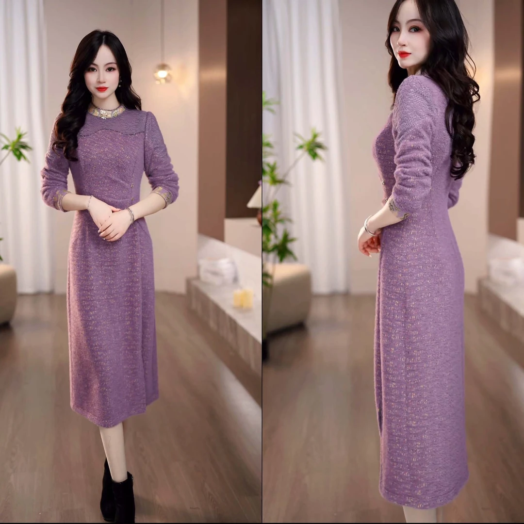 2025冬款薰衣草紫新中式设计优雅显瘦开叉中长款连衣裙M-4XL