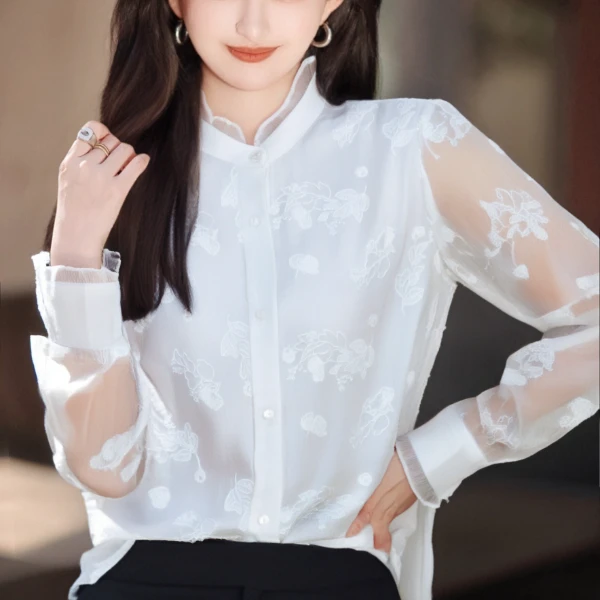 100% 桑蚕丝时尚百搭夏季衬衫纯色休闲宽松气质刺绣中式   91013