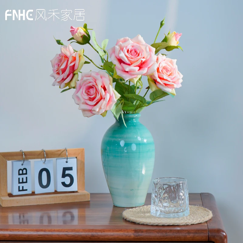 【花艺】仿真花粉色月季装饰花粉色花手工花陶瓷瓶客厅桌面装饰花