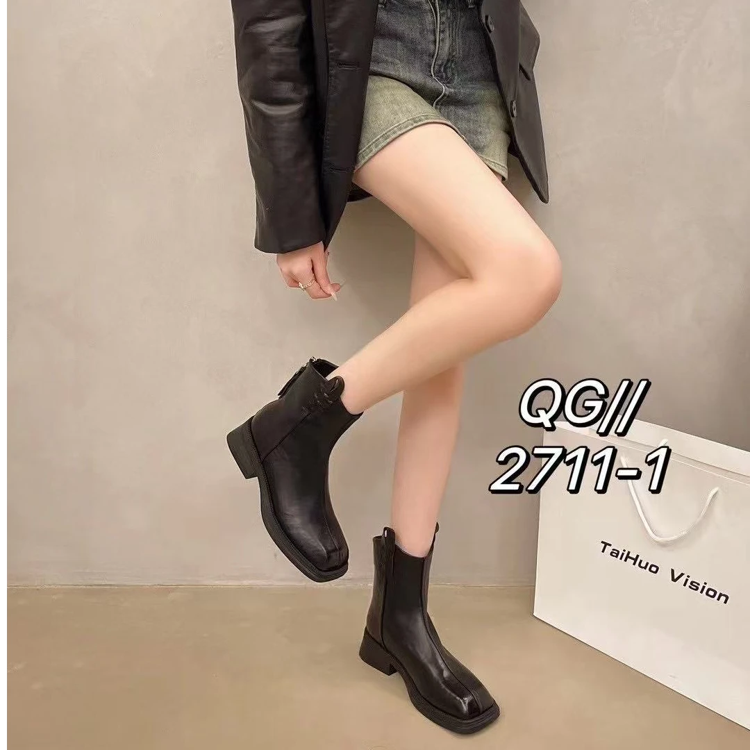 小凉家 （N）*2711-1 新款复古厚底切尔西瘦瘦靴粗跟短靴女