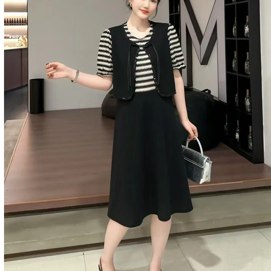 夏季假两件连衣裙圆领半袖拼接盘扣流苏时尚休闲减龄宽松遮肉显瘦