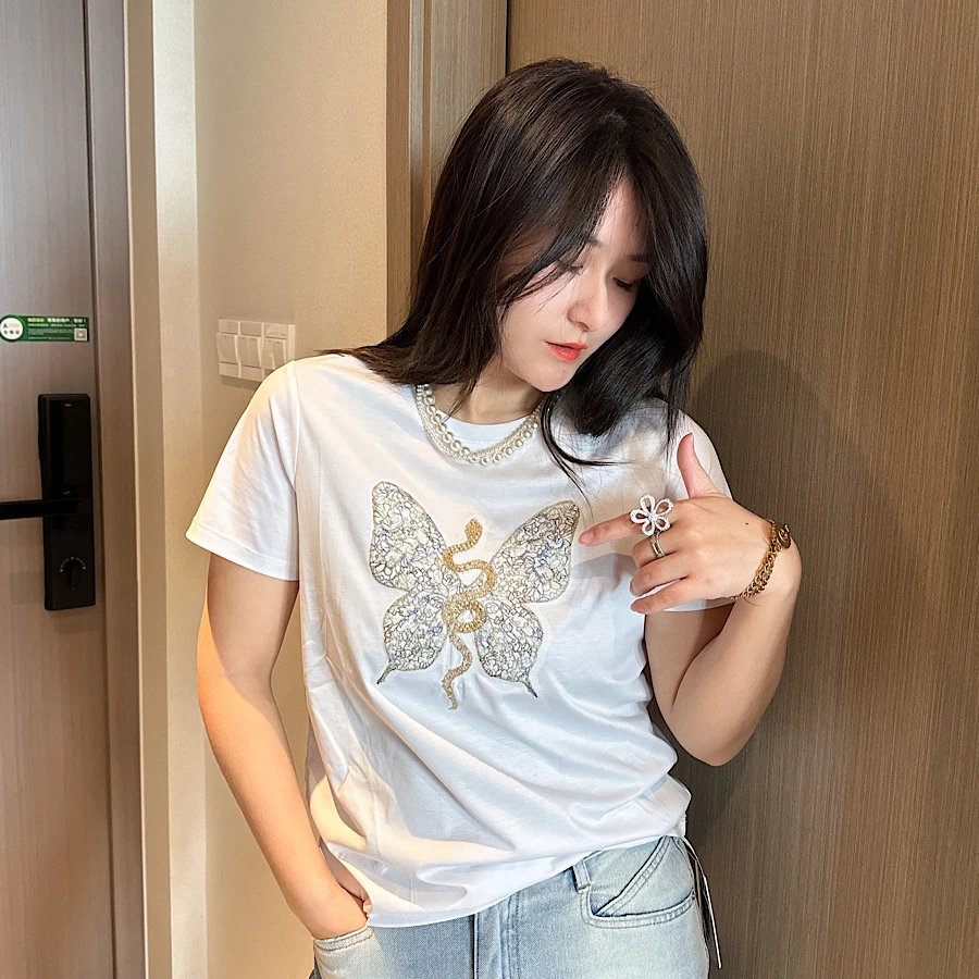 欧洲站2025春夏新款时尚圆领蝴蝶亮片短袖t恤宽松百搭显瘦女上衣