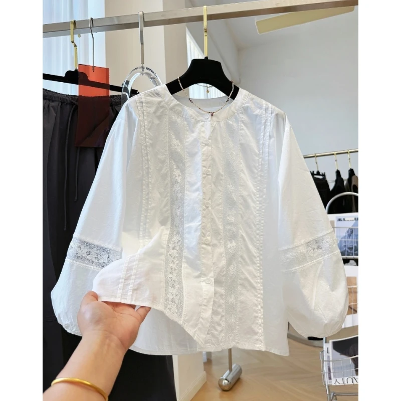 巨好看的拼蕾丝薄款微透长袖圆领衬衫女秋季法式独特精致小上衣