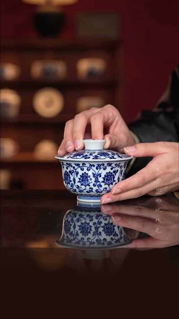 柴窑青花纯手工盖碗