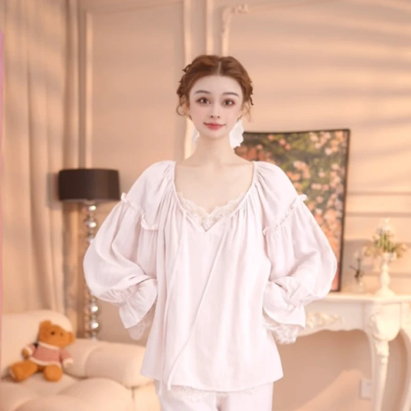 【沁柔】秋季 套装甜美棉舒适纯棉休闲简约蕾丝长袖公主风