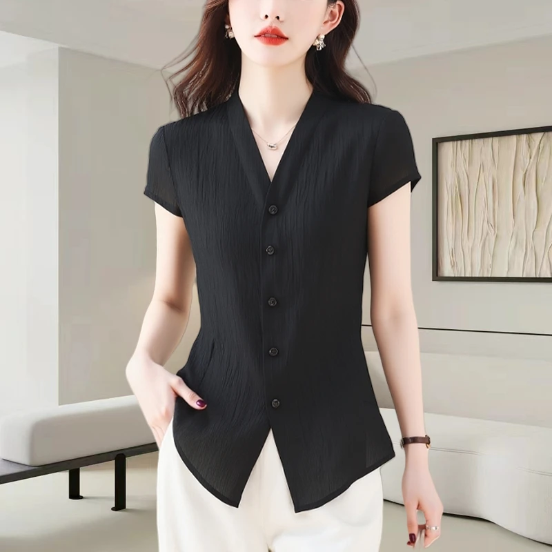 黑色V领薄款短袖衬衫女士2025夏季新款时尚洋气宽松显瘦气质上衣