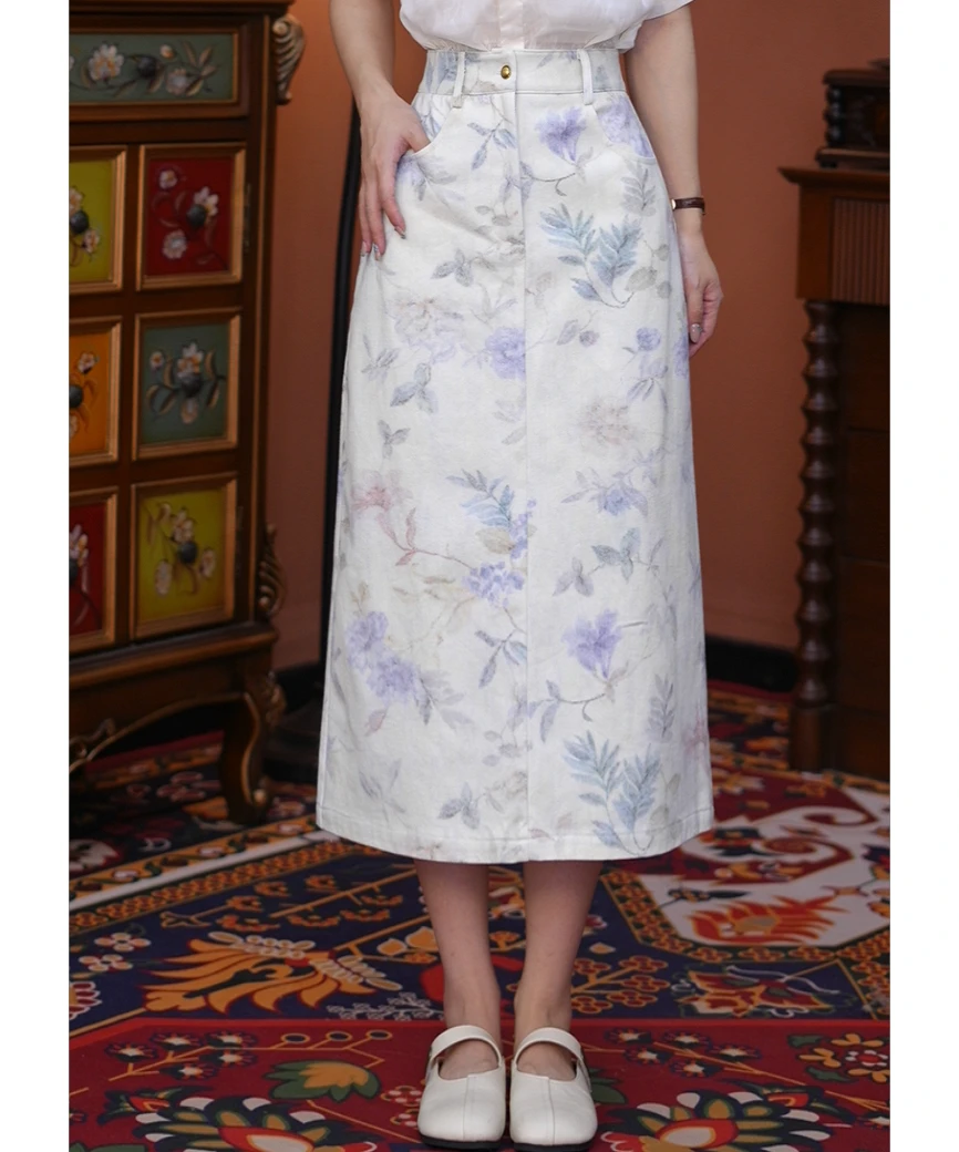 乐乐【花房清晨】复古百搭显瘦高腰女装长裙02360