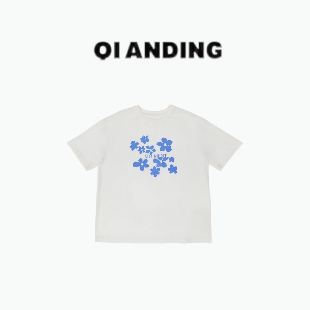 【QIANDING】 2025新款小众字母印花圆领短袖T恤2573