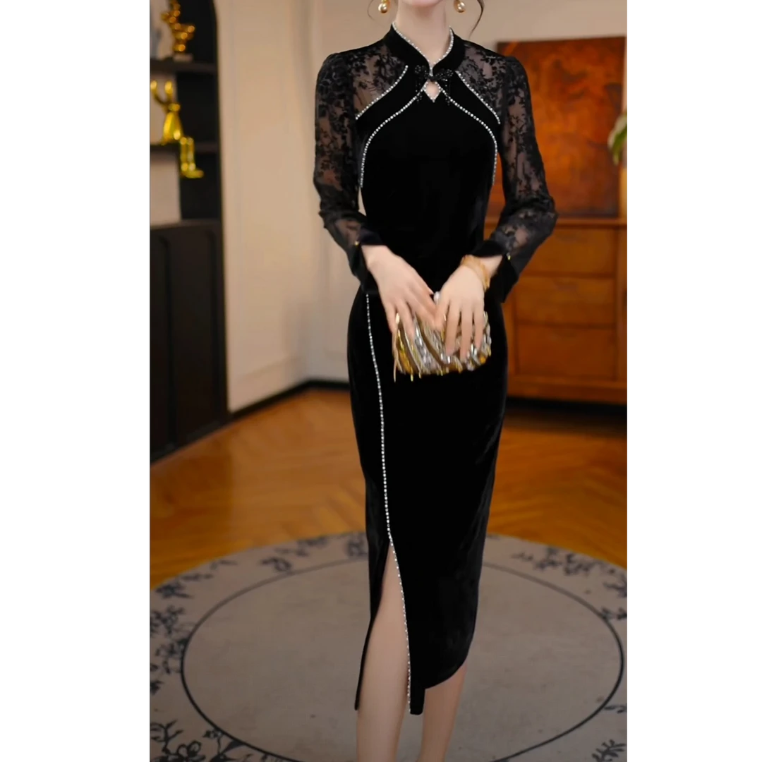 朵菲精品黑天鹅颂2025秋新收腰显瘦洋气减龄轻奢女人味黑色连衣裙