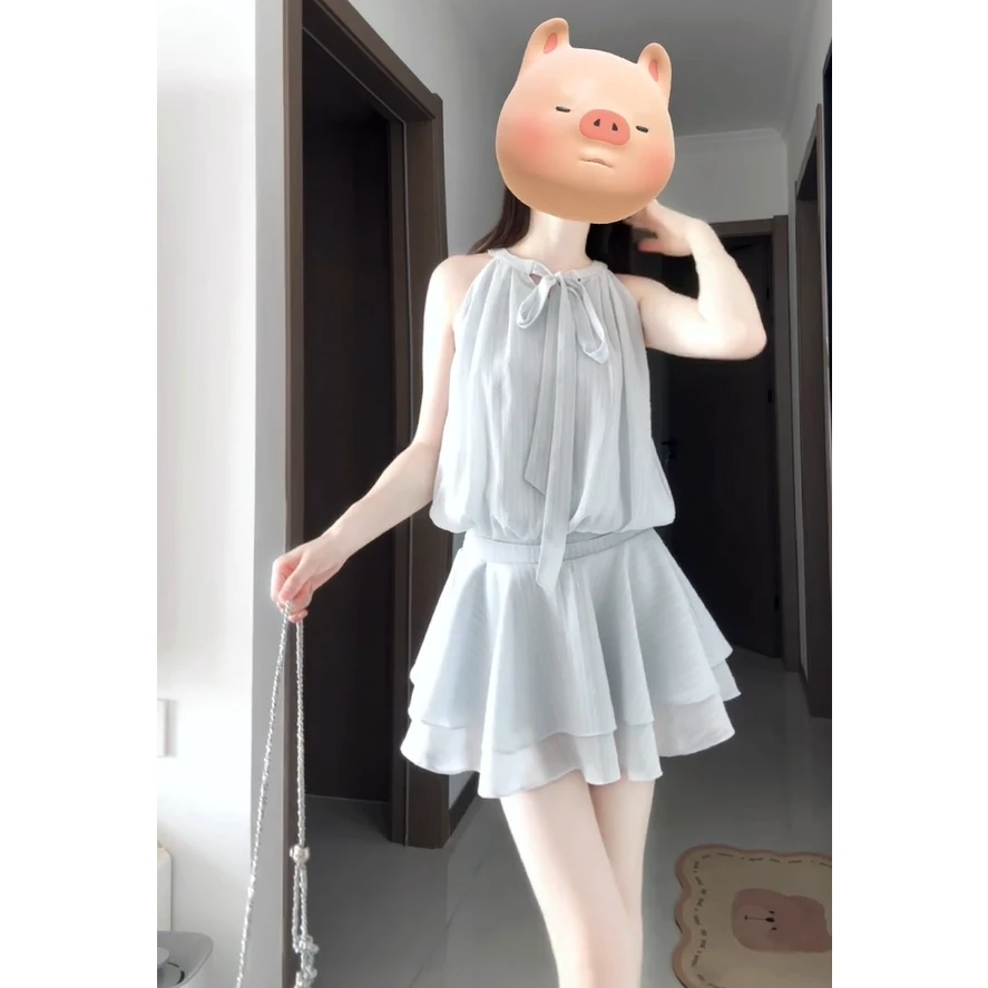 甜美温柔风蝴蝶结挂脖连衣裙女收腰显瘦甜辣妹a字裙子2025夏新款