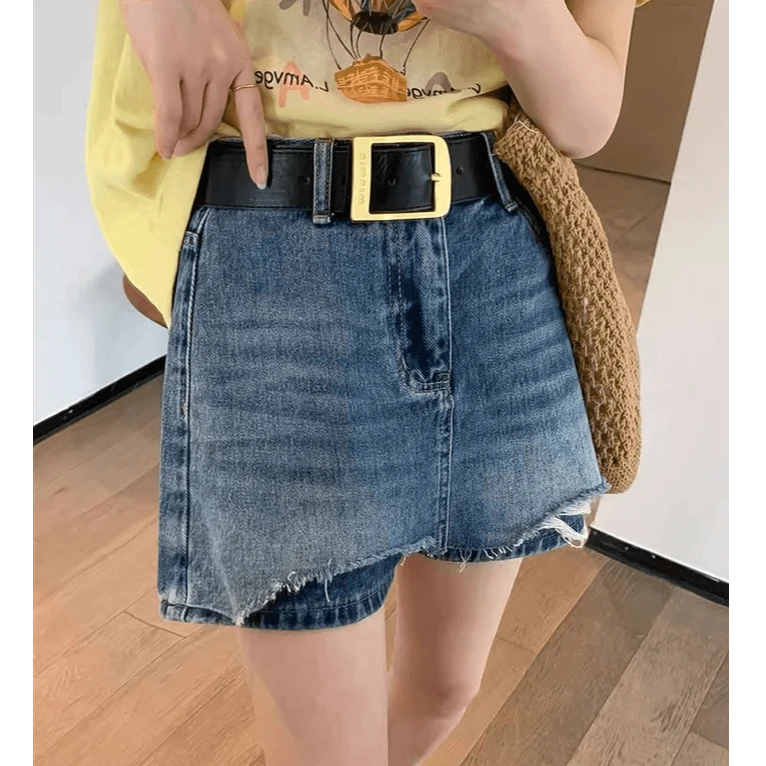 夏款设计感复古磨破牛仔裙裤小个子高腰显瘦遮胯A字半身短裙女