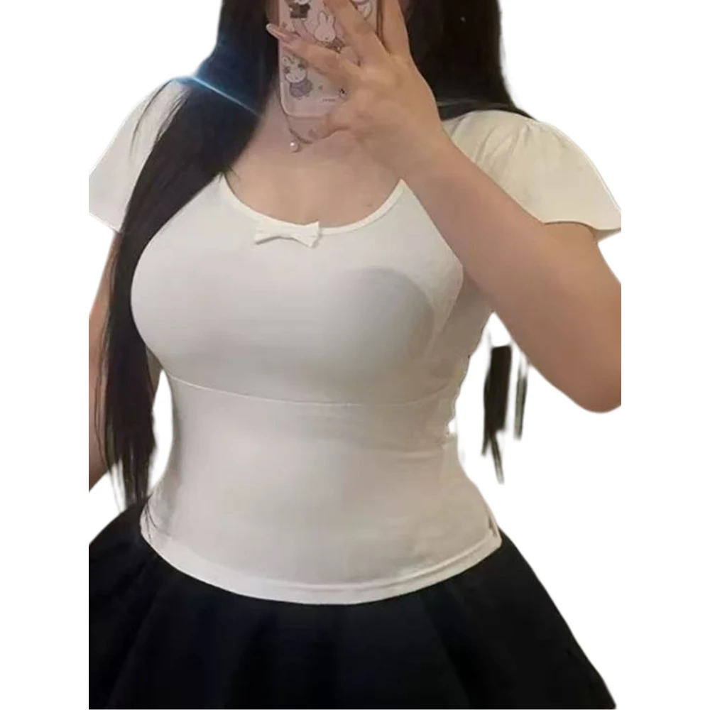 猪猪头家纯欲辣妹紫色U领蝴蝶结短袖t恤女夏季修身显瘦掐腰小上衣
