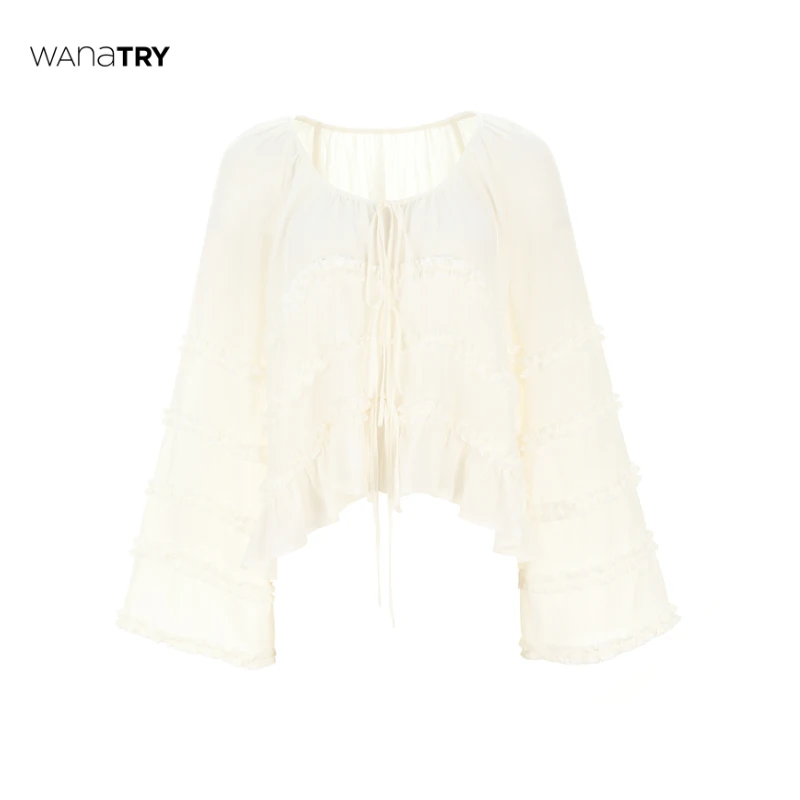 wana try奶白色木耳花边装饰喇叭袖系带开衫（早春新品）【达人】