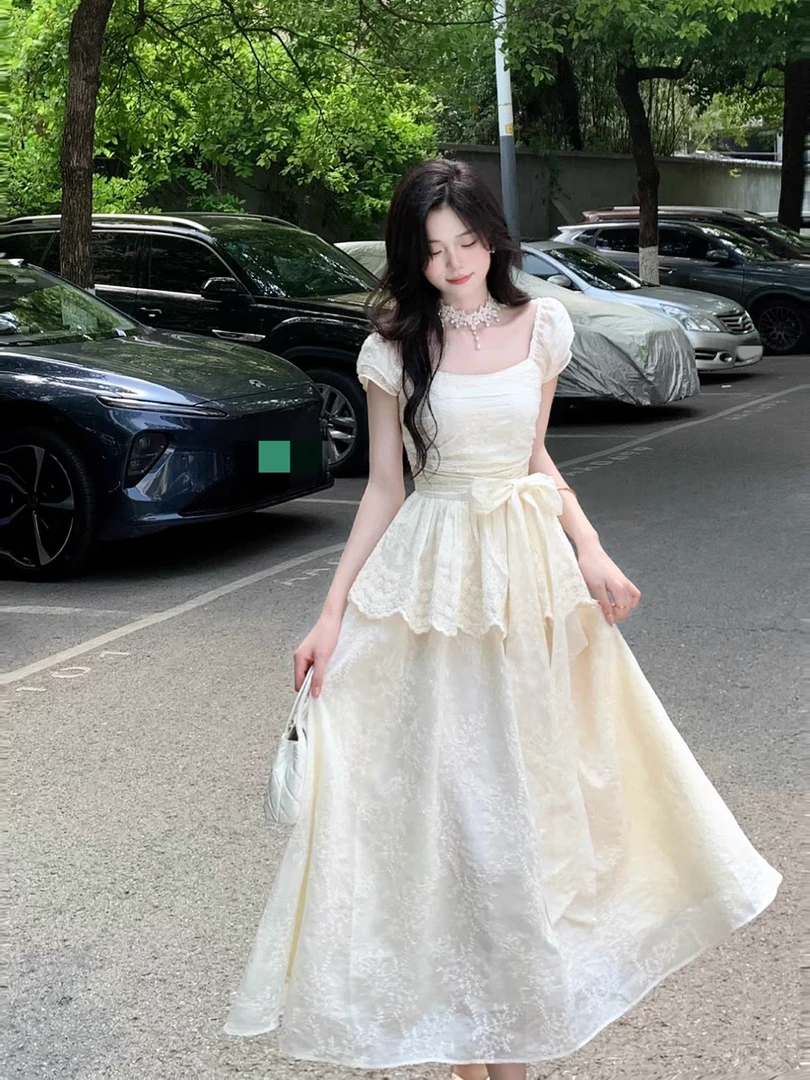 【白茉童话】夏季法式甜美风蝴蝶结长裙收腰气质连衣裙