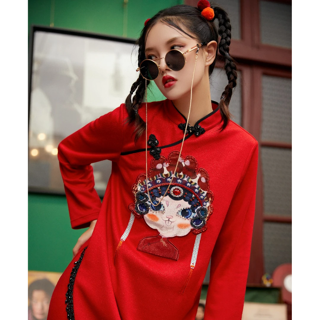 [玉兔]装中国风复古刺绣改良旗袍连衣裙中长款修身显瘦秋冬