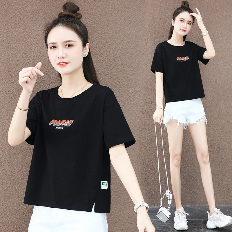夏季短款短袖T恤女小个子高腰开叉半袖体恤衫女士洋气时尚上衣