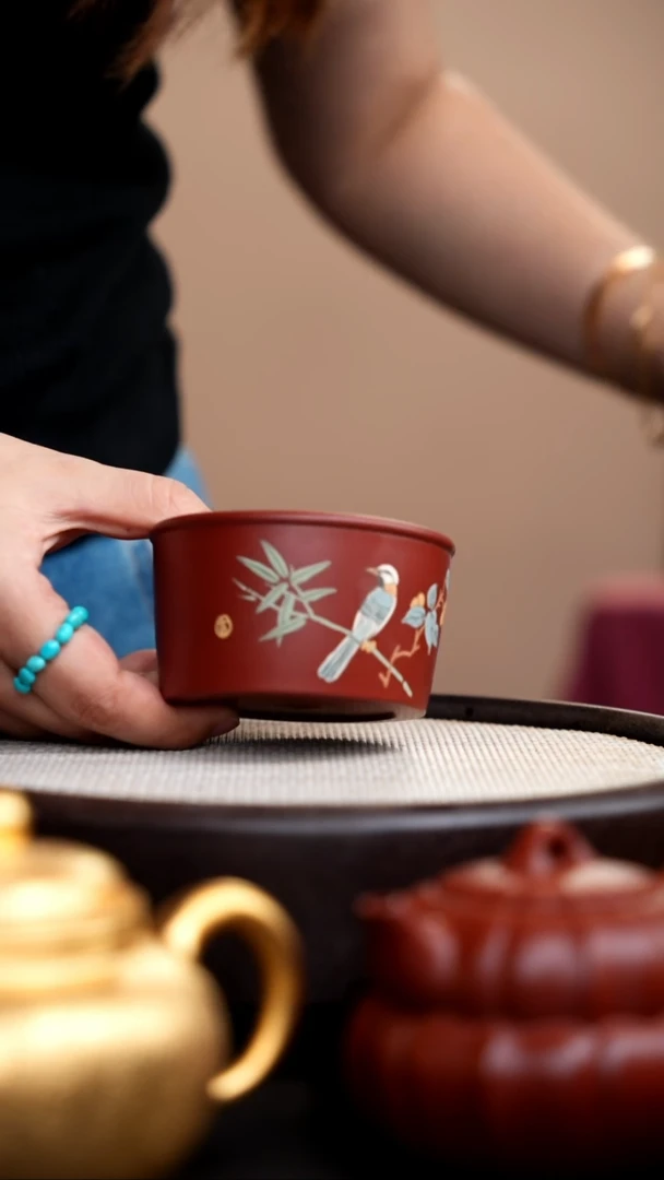 茶壶紫砂朱泥汉瓦杯桑竹鸟