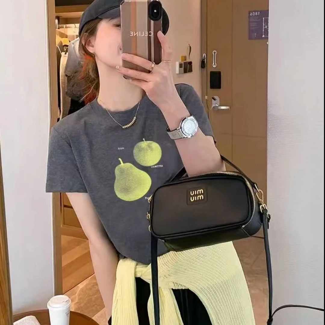 青苹果雪梨印花夏季新款百搭圆领休闲正肩小清新显瘦短袖T恤女