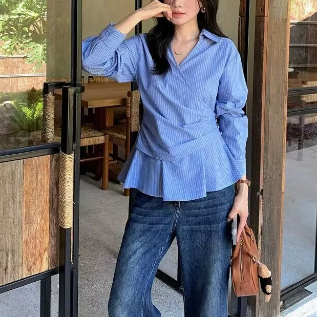 韩系侧边系带收腰交叉3D条纹衬衫女早秋新款设计感长袖衬衣