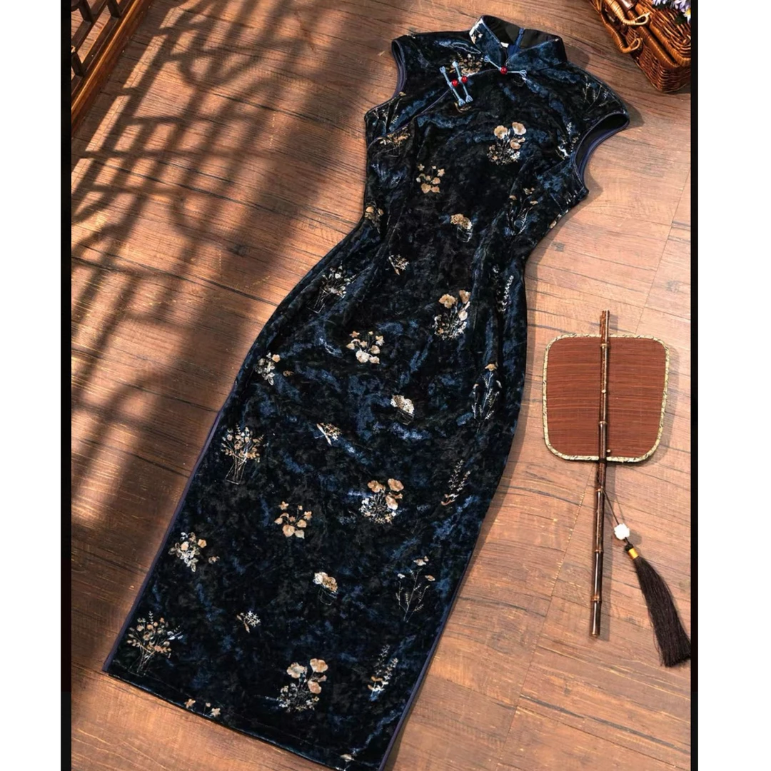 【闲织春光】绫曦新款日常弹力丝绒无袖立领旗袍衣长120