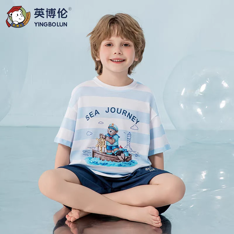 英博伦2025夏季新款男童纯棉可外穿短袖套装A类家居服睡衣圆领