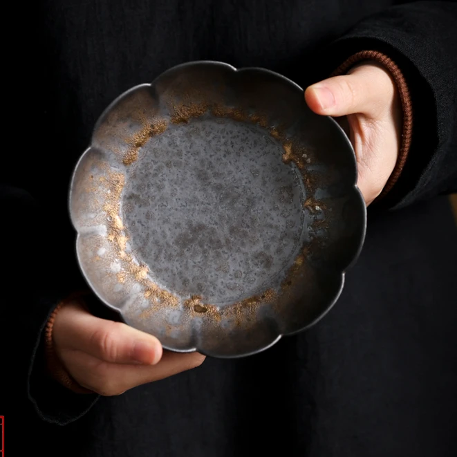 【小田甄陶】鎏金-梅落壶承-直径14CM（Q2312）