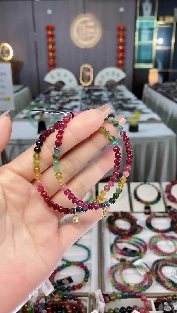 未镶嵌老矿碧玺色标彩单圈手串4mm+碧玺hon多样性发货一条