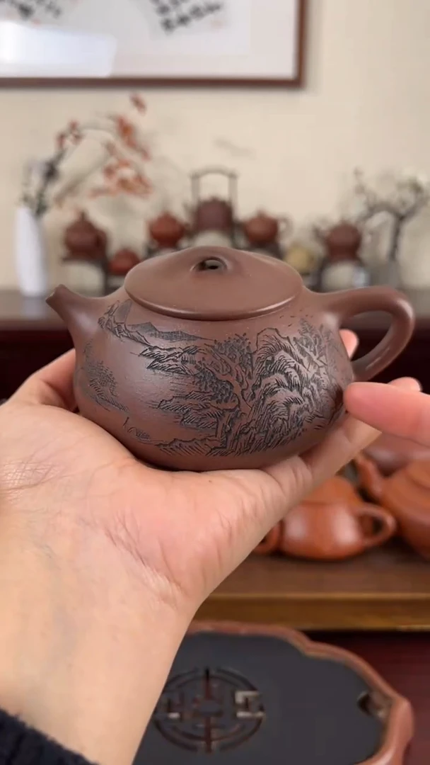 【闪购商品】紫砂茶壶紫泥刻绘景舟石瓢壶250CC