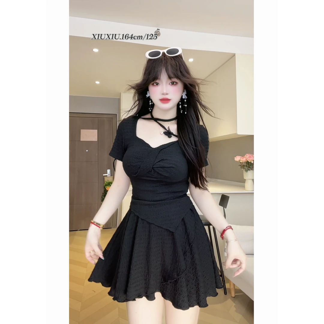 【落日海岸】9235微胖设计感褶皱扭结短款t恤V领短袖上衣女夏两件套