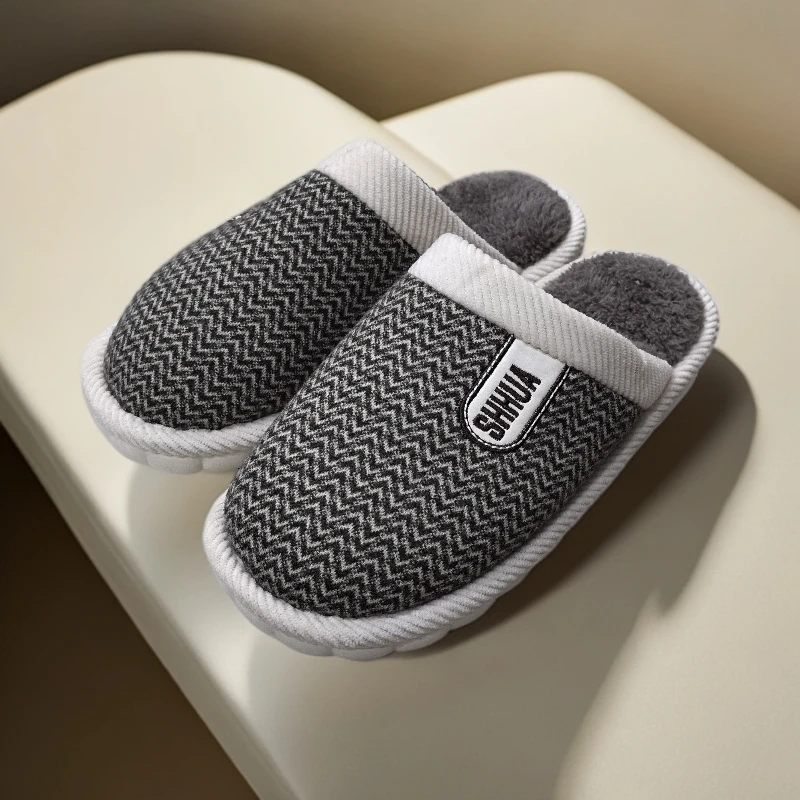 男秋冬加厚加绒保暖防滑简约情侣棉拖鞋居家外穿适用