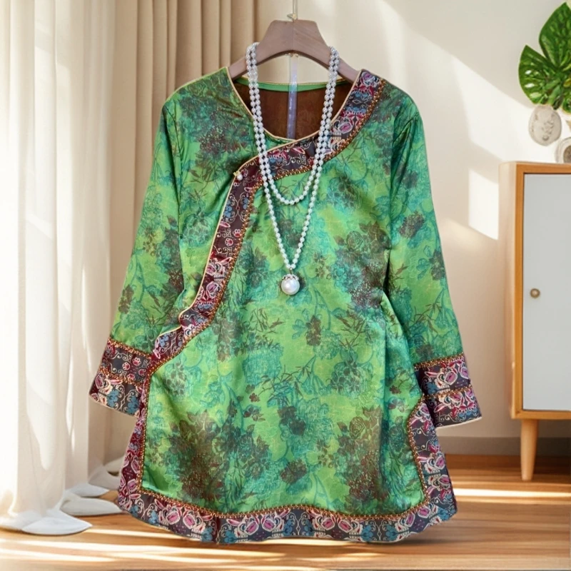2025胖妹妹秋季新款大码女装新中式国风斜襟拼接重工提花显瘦大衫