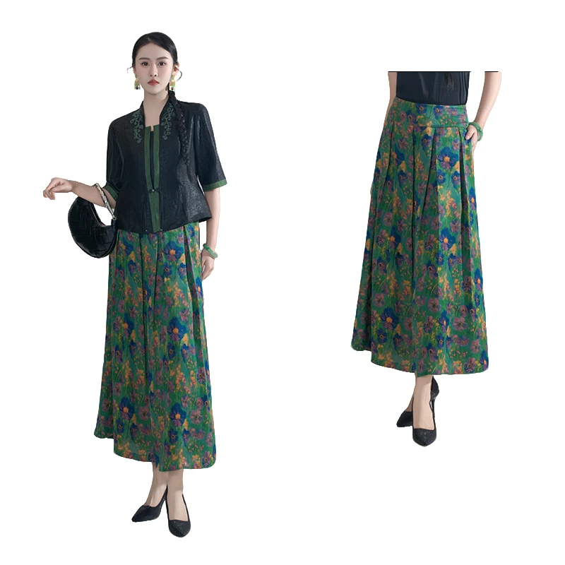 香云纱（油画花）印花花萝春夏宽松年轻舒适女士百褶裙-60554