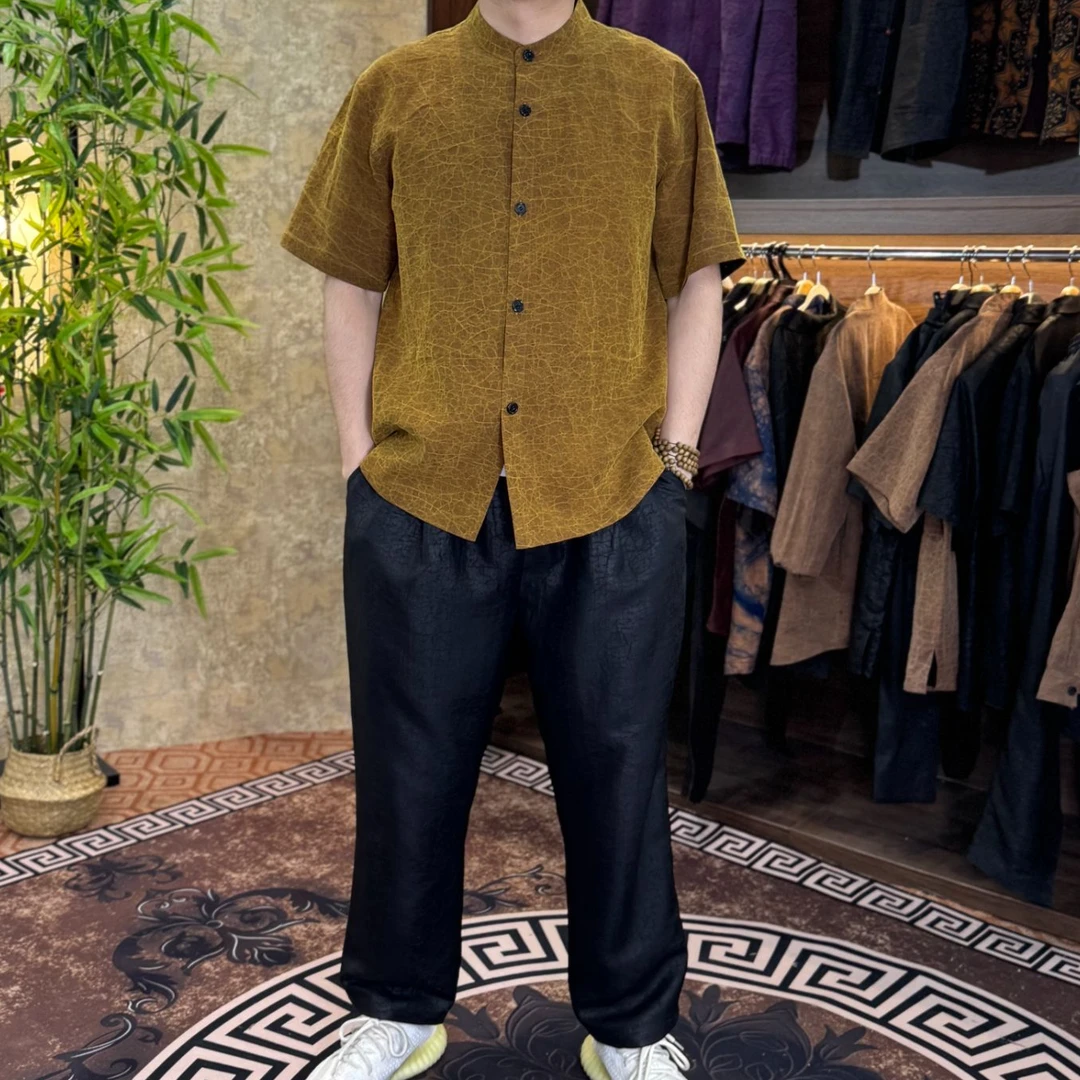 套装香云纱金龟100桑蚕丝男士短袖薄款宽松国风夏季翻领休闲衬衫