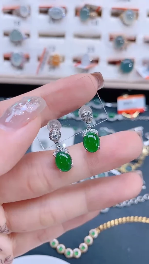 银S925镶嵌翡翠耳饰天然翡翠