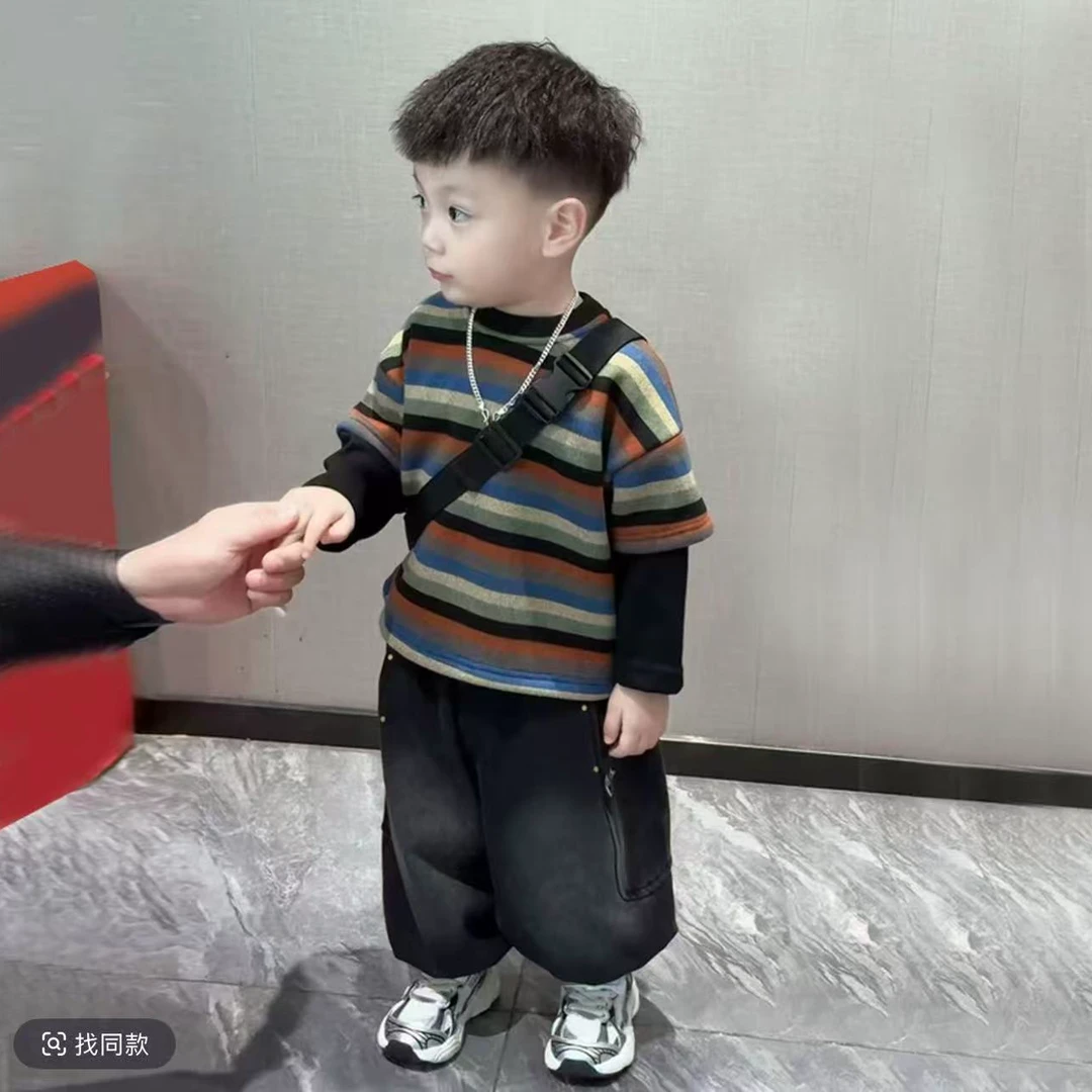 男童加绒加厚套装复古韩版长袖圆领条纹卫衣儿童束脚裤两件套潮酷