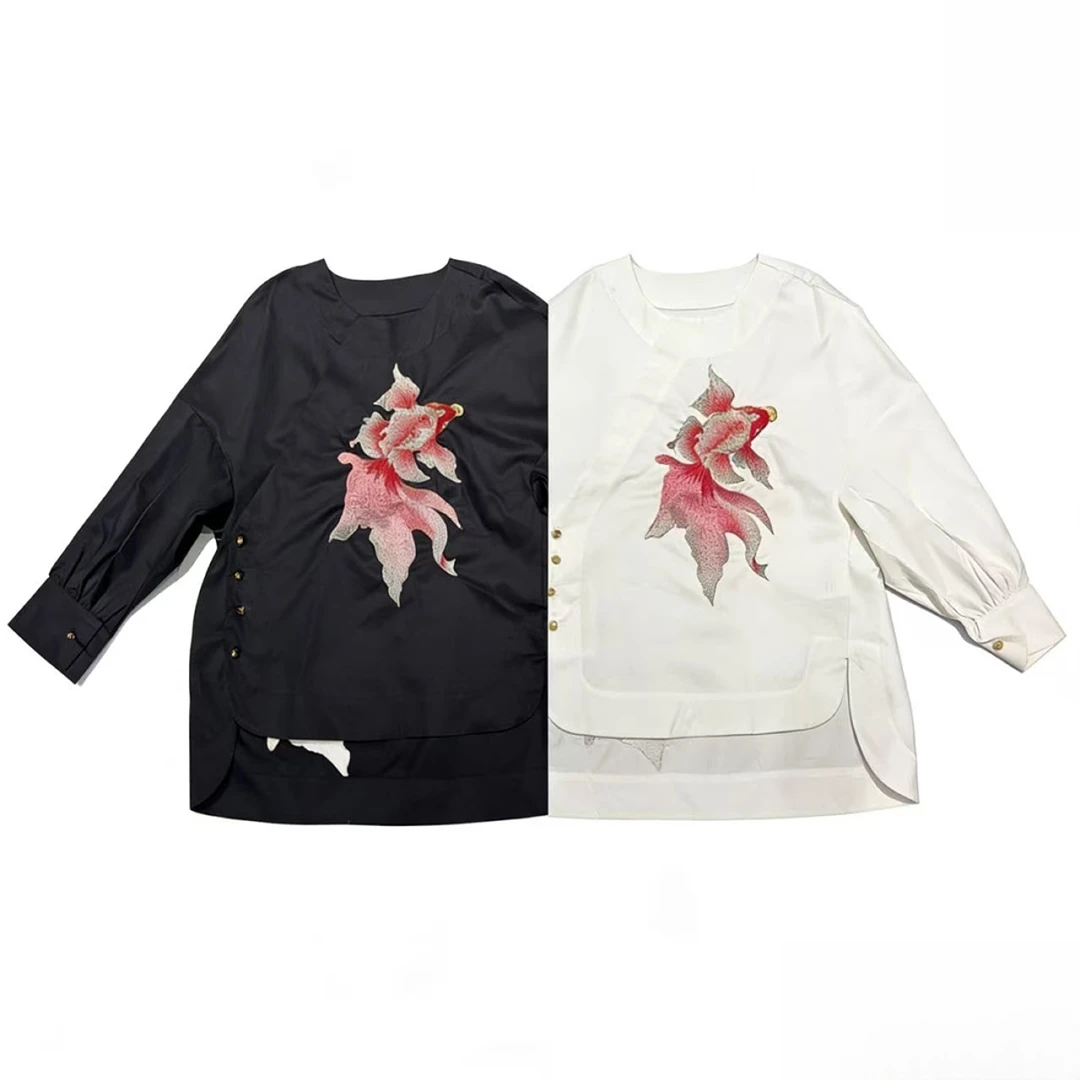 28603/#冬季新款新中式《锦鲤》国潮风女圆领刺绣衬衫打底百搭上衣