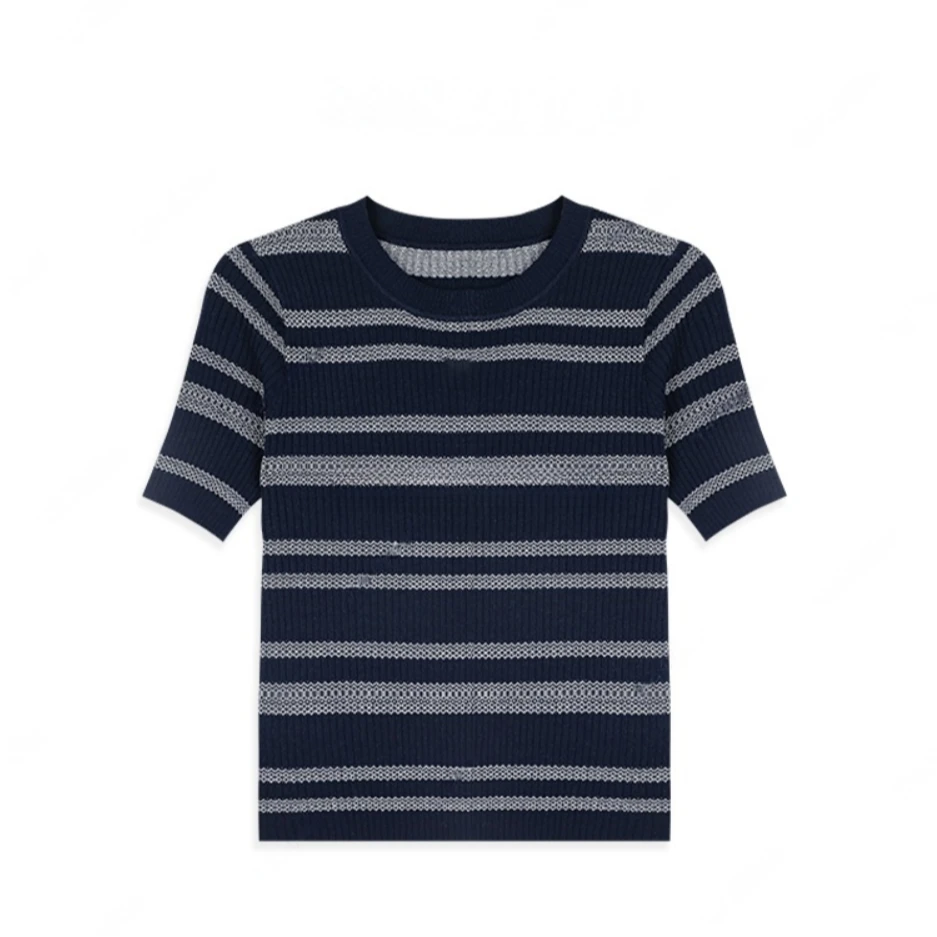 2025夏季新款宽松洋气休闲百搭条纹撞色圆领针织短袖女上衣H6-54