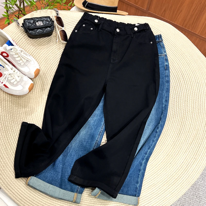 必魅大码外穿松紧腰弹力2025新款牛仔裤高腰黑色裤子00328阔腿裤