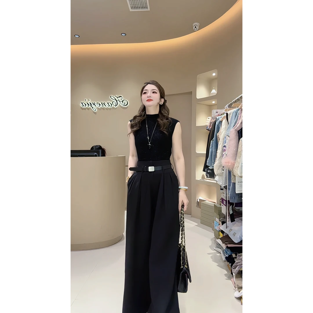 涵儿家 早秋华夫格针织背心上衣 VS 高腰褶皱西装阔腿裤-991