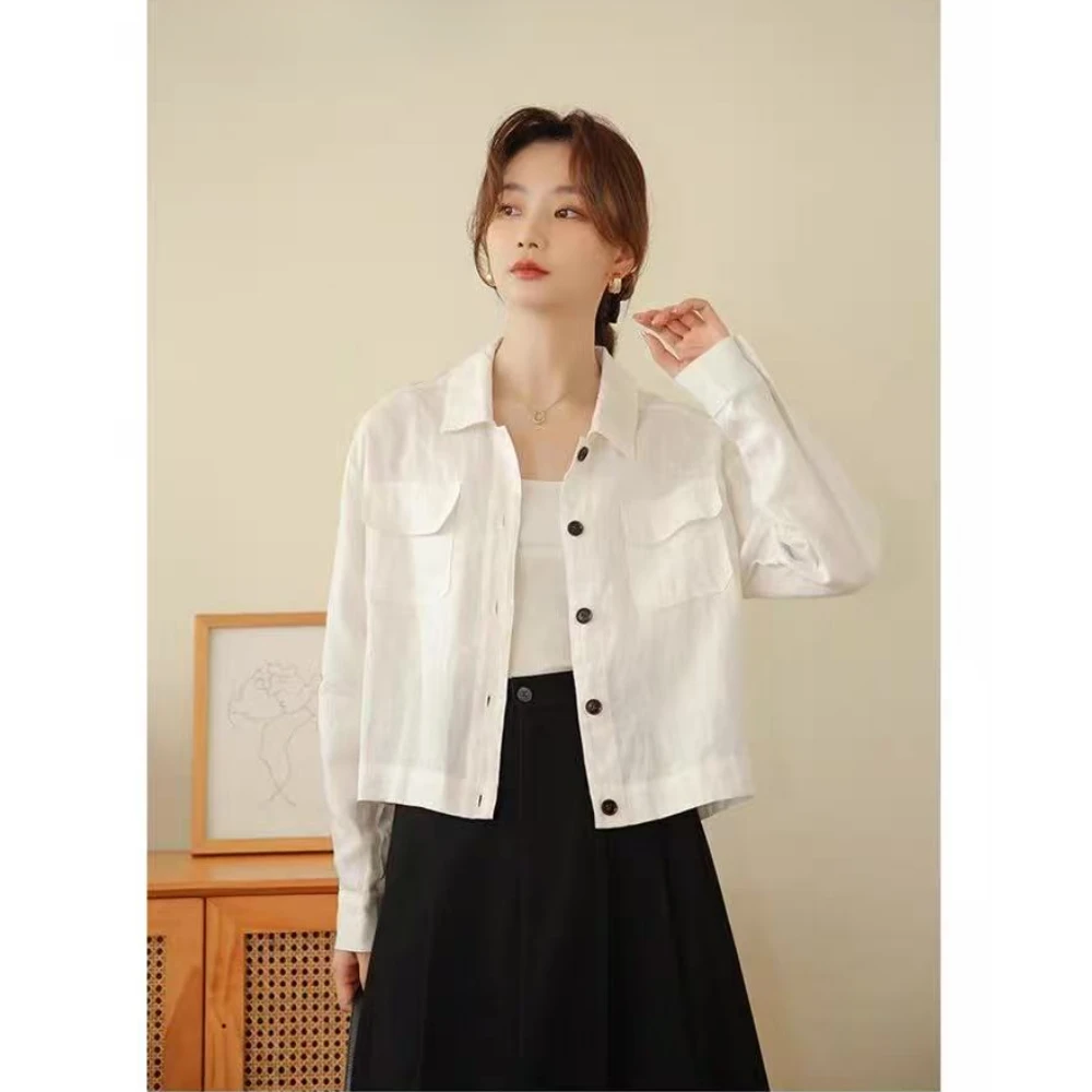 设计感亚麻薄款外套女款夏季时尚polo领休闲长袖宽松百搭衬衫
