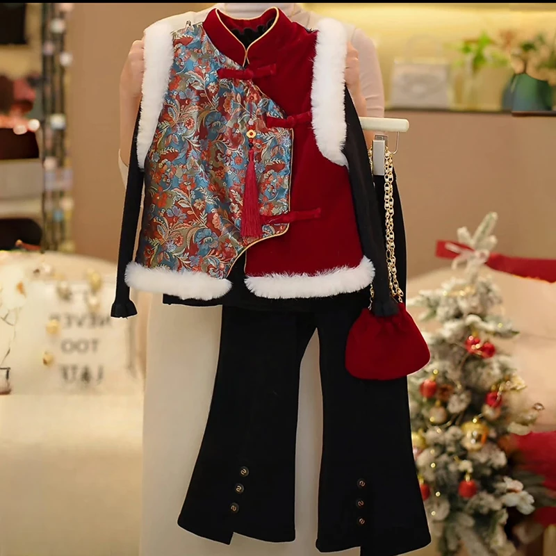 女童冬季中国风马甲毛衣裤子套装民族风红色加厚拜年服儿童网红潮