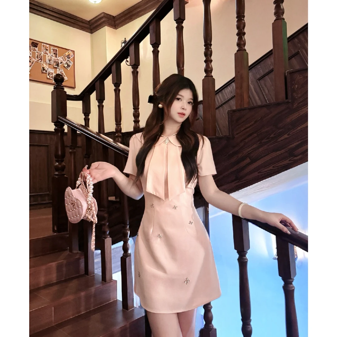 大码女装浅粉色连衣裙韩系可爱减龄娃娃领子夏季百搭11874