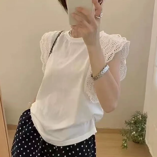 【拉拉专属】9063高级感蕾丝拼接T恤女飞飞袖设计感