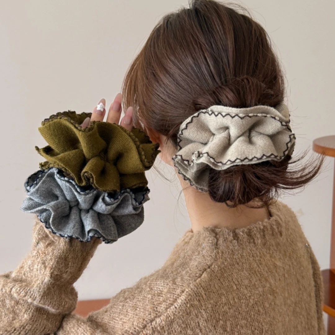 法式小众撞色拷边毛线针织四层小蛮腰发圈精致时尚气质丸子头绳女