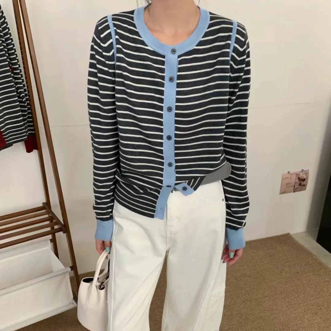 MEIZHENZI【细支绵羊毛】2025早春新款撞色条纹气质减龄针织开衫女