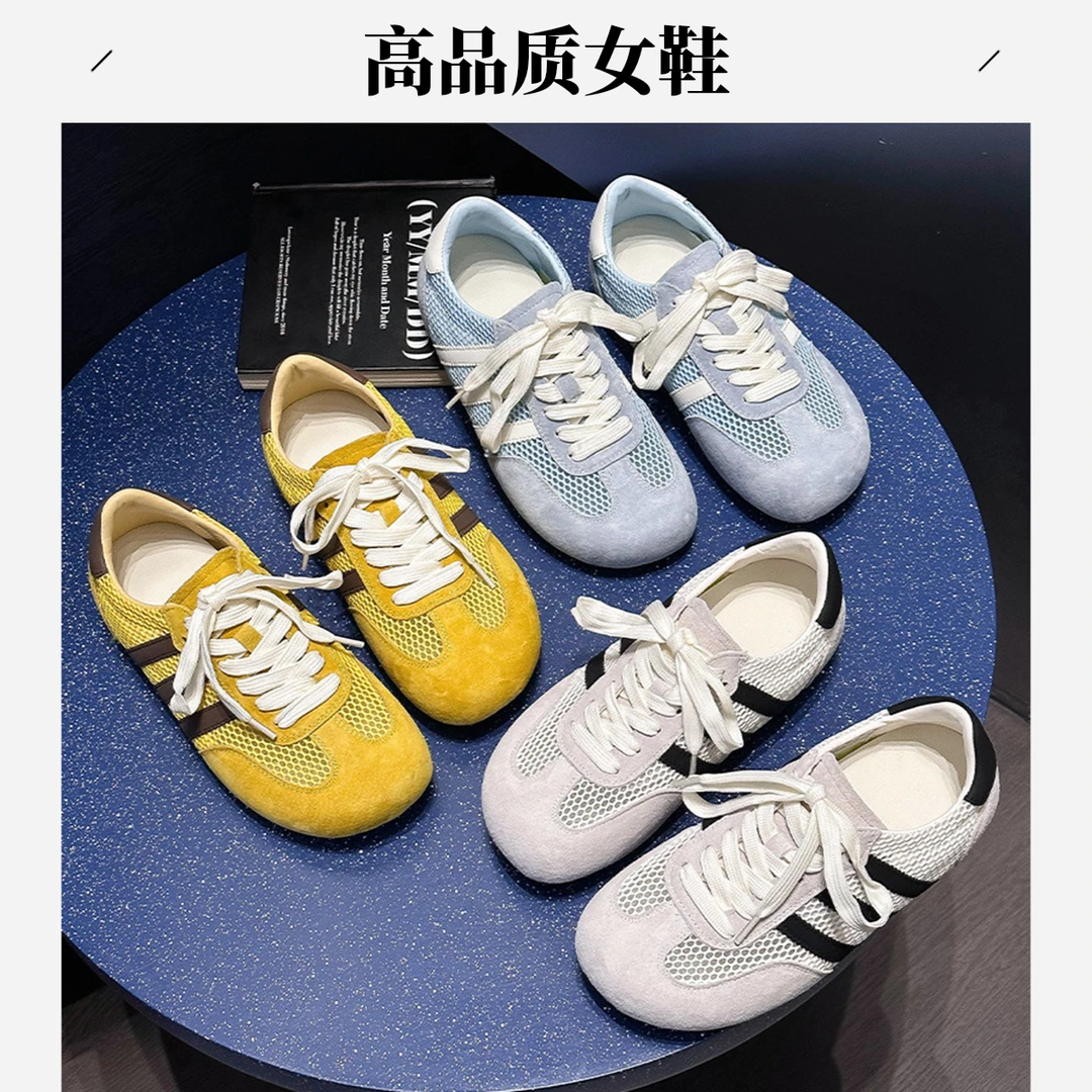 网面透气德训鞋女2025夏季薄款轻便透气真皮阿甘鞋百搭平底小白鞋